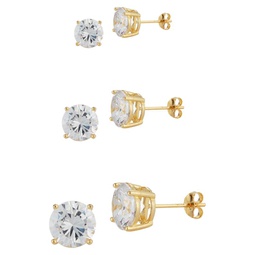Set of 3 18K Gold Vermeil & Cubic Zirconia Stud Earrings