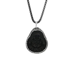 Black IP-Plated Stainless Steel & Grey & White Crystal Laughing Buddha Pendant Necklace