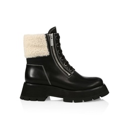 Kate Zip Lug-Sole Shearling-Trimmed Leather Combat Boots
