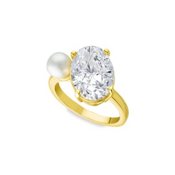 Look of Real 14K Goldplated, 6MM Freshwater Pearl & Cubic Zirconia Ring