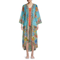 Mixed-Print Kimono Cover-Up