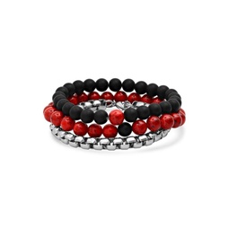 3-Piece Stainless Steel, Black Lava & Red Agate Bracelet Set