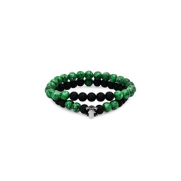 2-Piece Stainless Steel, Black Lava & Green Agate Beaded Stretch Bracelet Set