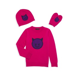 Little Girls 3-Piece Smiling Devil Sweater, Hat & Mittens Set