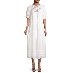 Estrella Puff-Sleeve Tiered Midi Dress