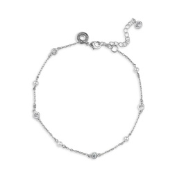 Look Of Real Rhodium Plated, 3MM White Round Mother-Of-Pearl & Cubic Zirconia Anklet