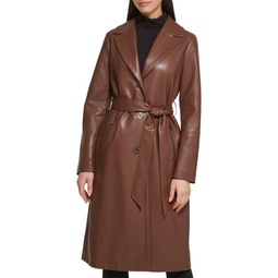 Faux Leather & Faux Fur Belted Trench Coat