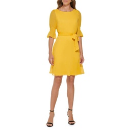 Puff Sleeve Belted A Line Dress