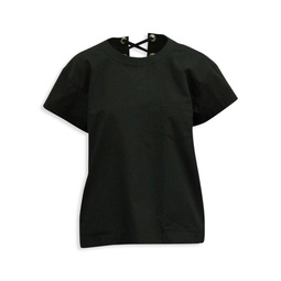 Sacai Laced-Up Back Short Sleeve Top In Black Poly Cotton