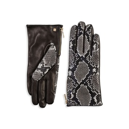 Snakeskin Print Leather Gloves