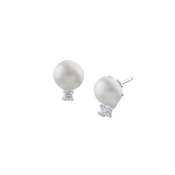 Look Of Real Rhodium Plated, 8MM Round Freshwater Pearl & Cubic Zirconia Earrings