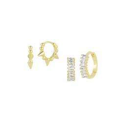 Set of 2 14K Goldplated Sterling Silver & Cubic Zirconia Huggie Earrings