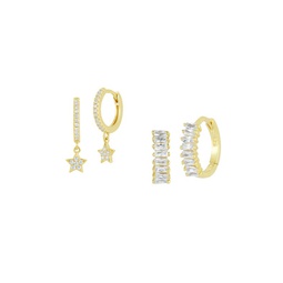 Set of 2 14K Goldplated Sterling Silver & Cubic Zirconia Huggie Hoop Earrings