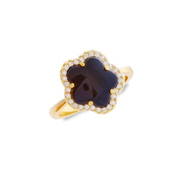 14K Goldplated, Cubic Zirconia & Onyx Clover Ring