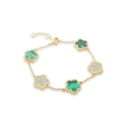 Flower 14K Goldplated, Synthetic Emerald & Cubic Zirconia Double Sided Bracelet
