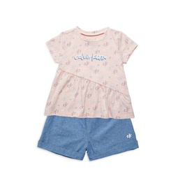 Little Girls 2-Piece Logo Top & Denim Shorts Set