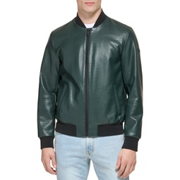 Croc-Embossed Faux Leather Bomber Jacket