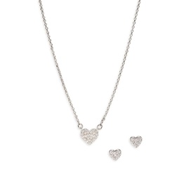 Yours Truly Silvertone & Cubic Zirconia Heart Pendant Necklace & Stud Earrings Set