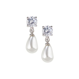 Look Of Real Rhodium Plated, 7MM x 10MM Glass Pearl & Cubic Zirconia Drop Earrings