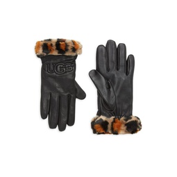 Logo Leather & Faux Fur Cuff Gloves