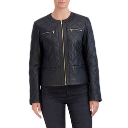 Collarless Quilted Leather Jacket