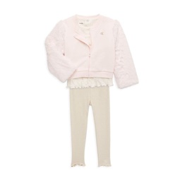 Baby Girls 3-Piece Logo Top, Pants & Faux Fur Trim Jacket Set
