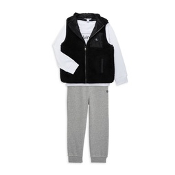 Little Boys 3-Piece Tee, Jogger & Faux Fur Vest Set