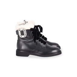 Roger Vivier Ranger Shearling-Lined Crystal-Embellished Ankle Boots In Black Leather Boots