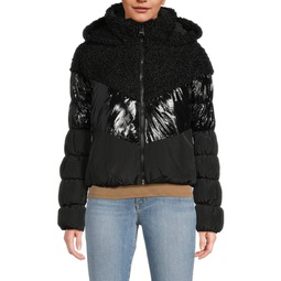 Mixed Media Faux Shearling Hooded Puffer Jacket