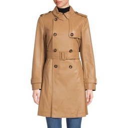 Spread Collar Leather Overcoat