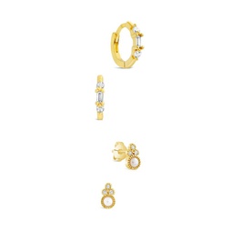 Set of 2 14K Goldplated, Cubic Zirconia & 3MM Freshwater Pearl Earrings Set