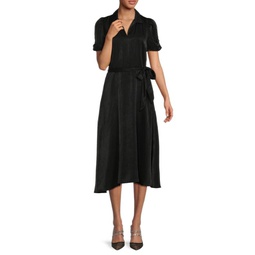 Ruched Sleeve Belted Midi Dress