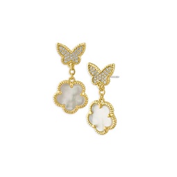 Look Of Real 14K Goldplated, Mother of Pearl & Cubic Zirconia Butterfly Clover Earrings