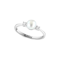 Sterling Silver, Diamond & 6.5MM Round White Freshwater Pearl Ring