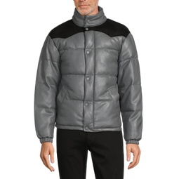 Wool Trim Faux Leather Puffer Jacket