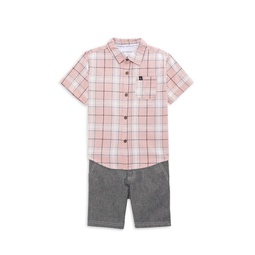 Little Boys 2-Piece Plaid Shirt & Denim Shorts Set