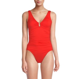 Solid Ruched One Piece Swimsuit