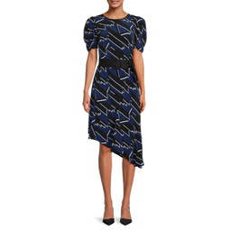 Abstract Print Asymmetric Belted Dress