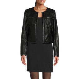 Collarless Croc Embossed Faux Leather Jacket