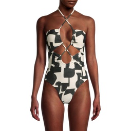 Printed Lace Up One-Piece Swimsuit