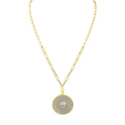 14K Goldplated Brass, Mother of Pearl & Cubic Zirconia Round Pendant Necklace