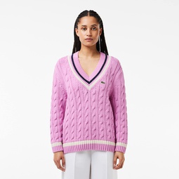 Womens Contrast Accent Cable Knit V Neck Sweater