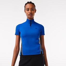 Womens Contrast Bands Zip Neck Polo