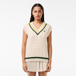 Womens Cable Knit Contrast Trim V-Neck Sweater Vest