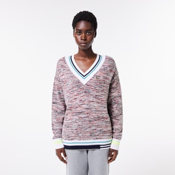 Womens Contrast Stripe V-Neck Alpaca Sweater