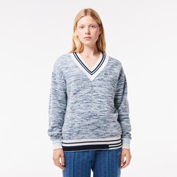 Womens Contrast Stripe V-Neck Alpaca Sweater