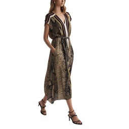 Belted Snakeskin Print Midi Dress