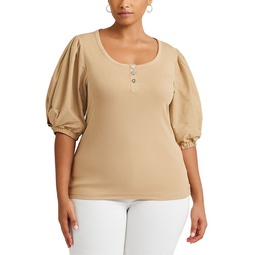 Plus Puff Sleeve Stretch Cotton Henley Tee