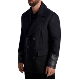 Faux Leather Trimmed Regular Fit Double Breasted Peacoat