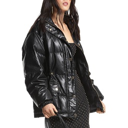 Faux Leather Midweight Puffer Coat